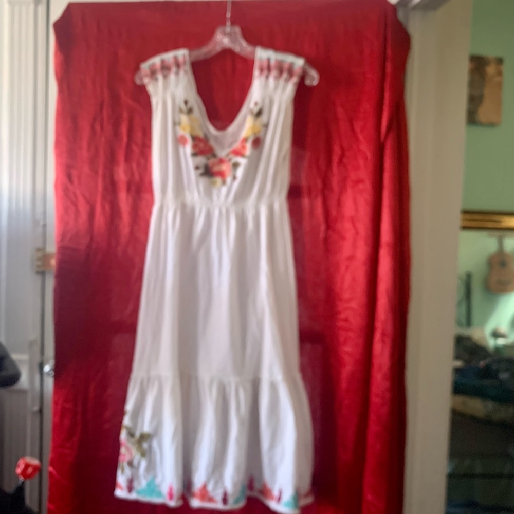 Johnny Was White Embroidered Sundress with Multicolor Floral Accents
